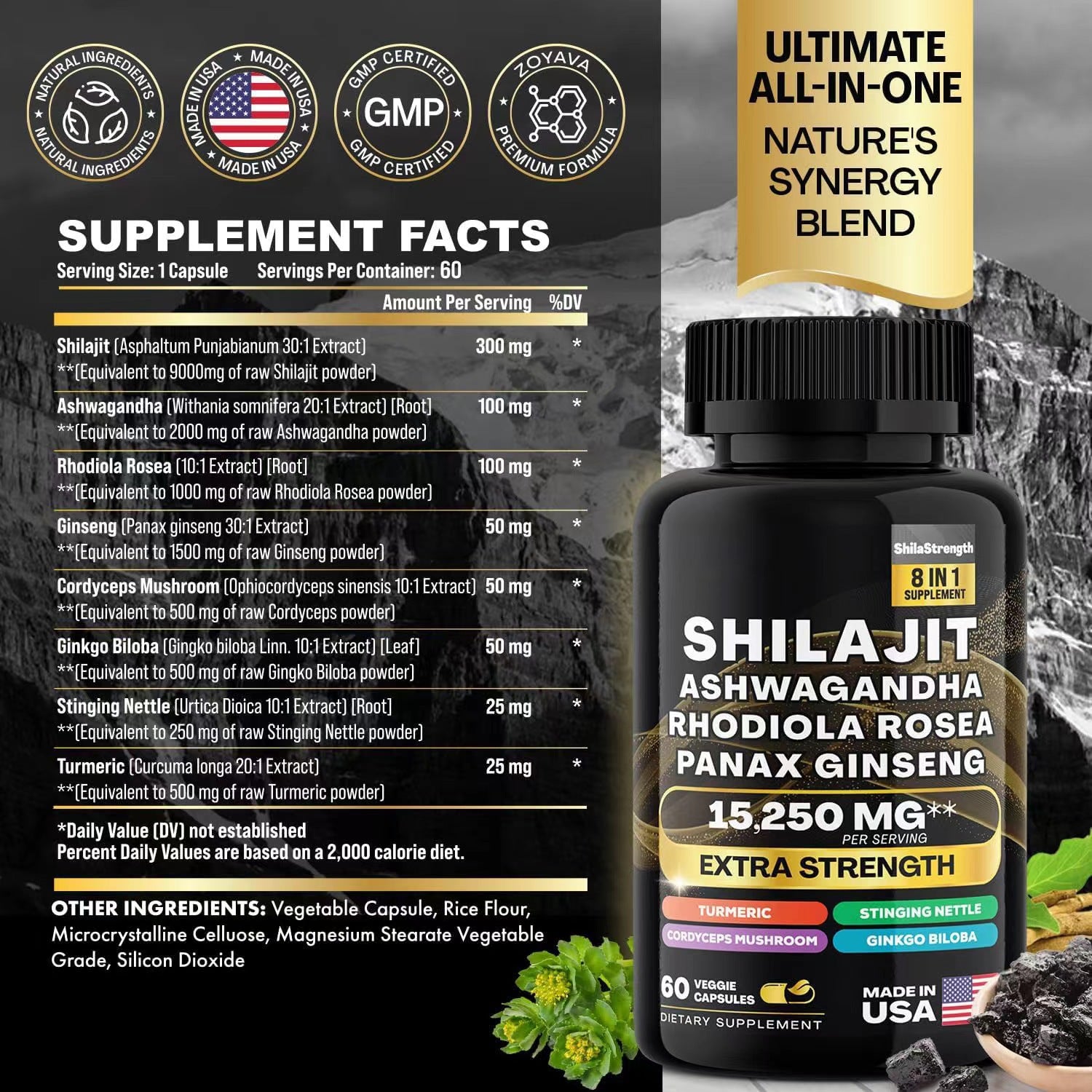 8 in 1 Supplement Shilajit Extract Ashwagandha Extract Ginseng Extract Super Active Capsule