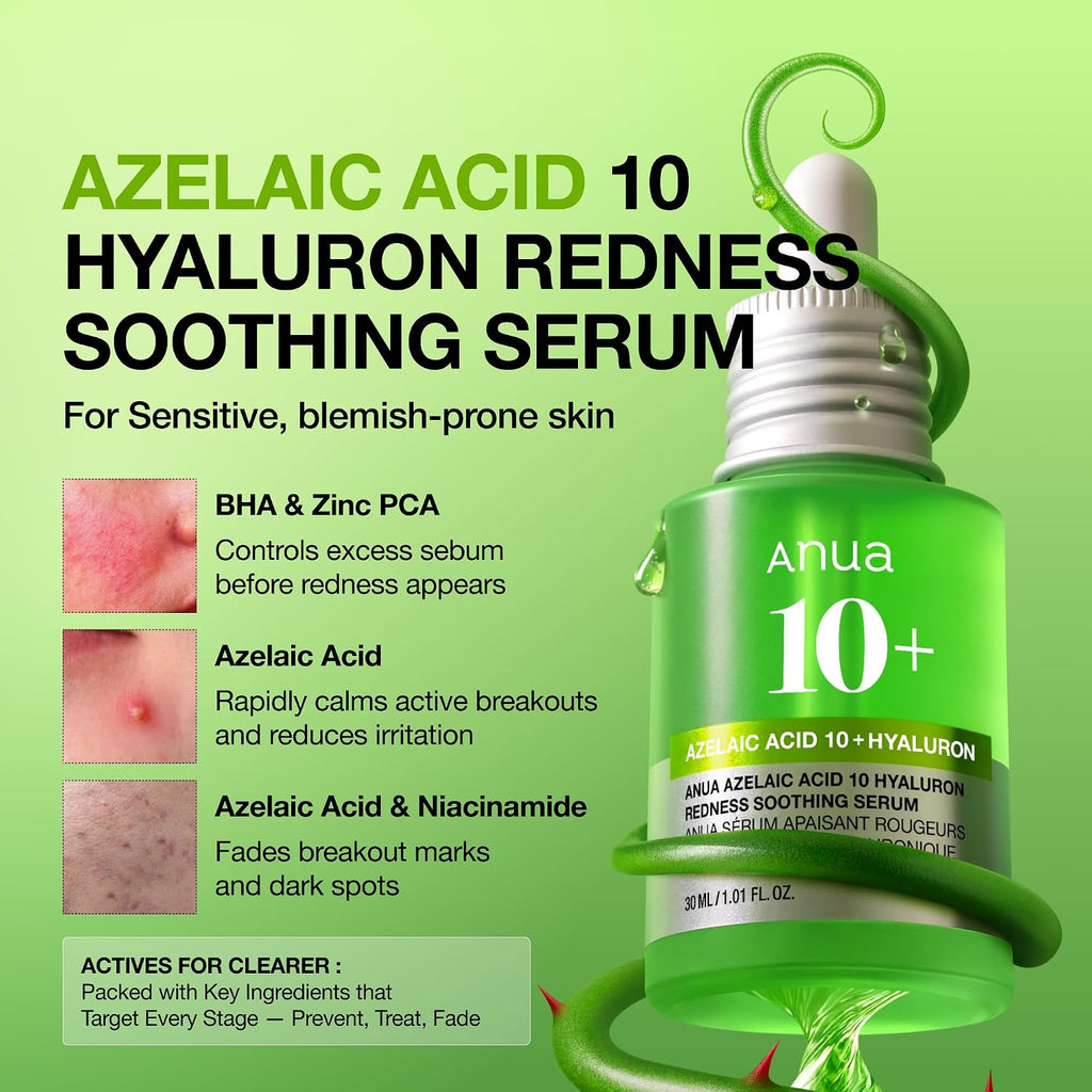 Anua Azelaic Acid 10 Hyaluron Redness Soothing Serum, 1.01 fl oz Facial Serum for Blemish-Prone & Oily-Prone Skin, Lightweight & Hydrating Blemish Care, Hyaluronic Acid, Korean Skincare