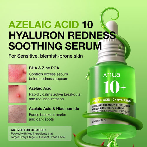 Anua Azelaic Acid 10 Hyaluron Redness Soothing Serum, 1.01 fl oz Facial Serum for Blemish-Prone & Oily-Prone Skin, Lightweight & Hydrating Blemish Care, Hyaluronic Acid, Korean Skincare