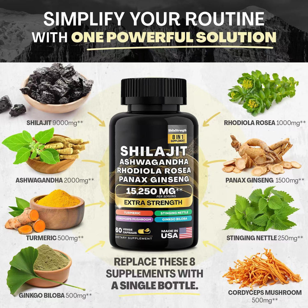 8 in 1 Supplement Shilajit Extract Ashwagandha Extract Ginseng Extract Super Active Capsule